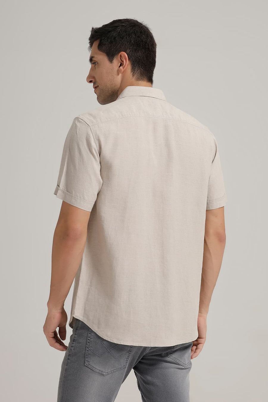 BASICS SLIM FIT NATURAL SAND LINEN COTTON HALFSLEEVES SHIRT