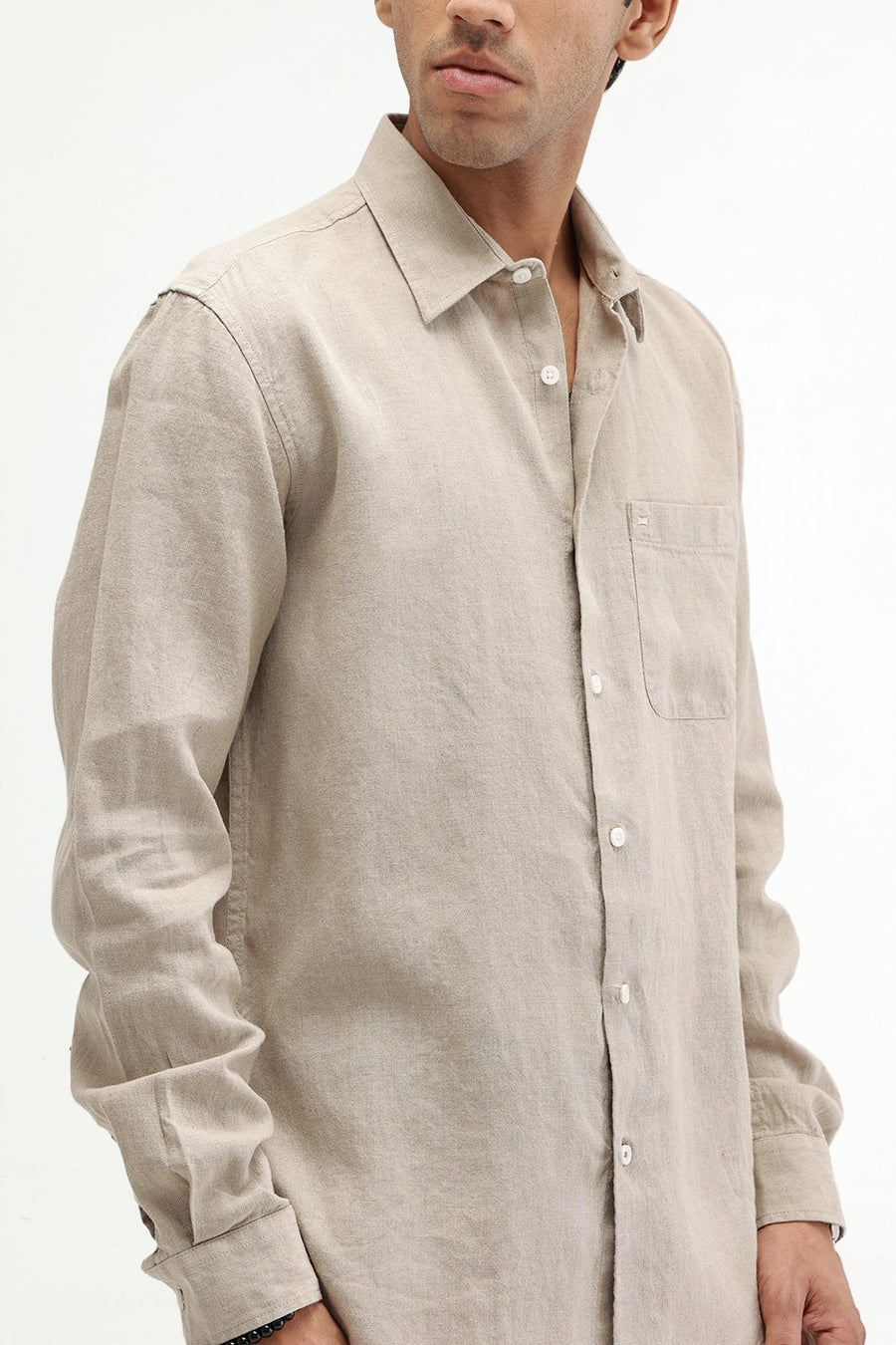 BASICS SLIM FIT NATURAL SAND LINEN COTTON SHIRT