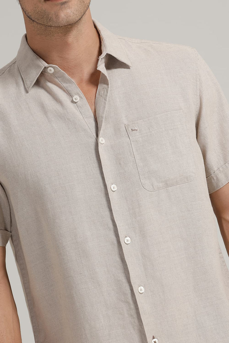 BASICS SLIM FIT NATURAL SAND LINEN COTTON HALFSLEEVES SHIRT