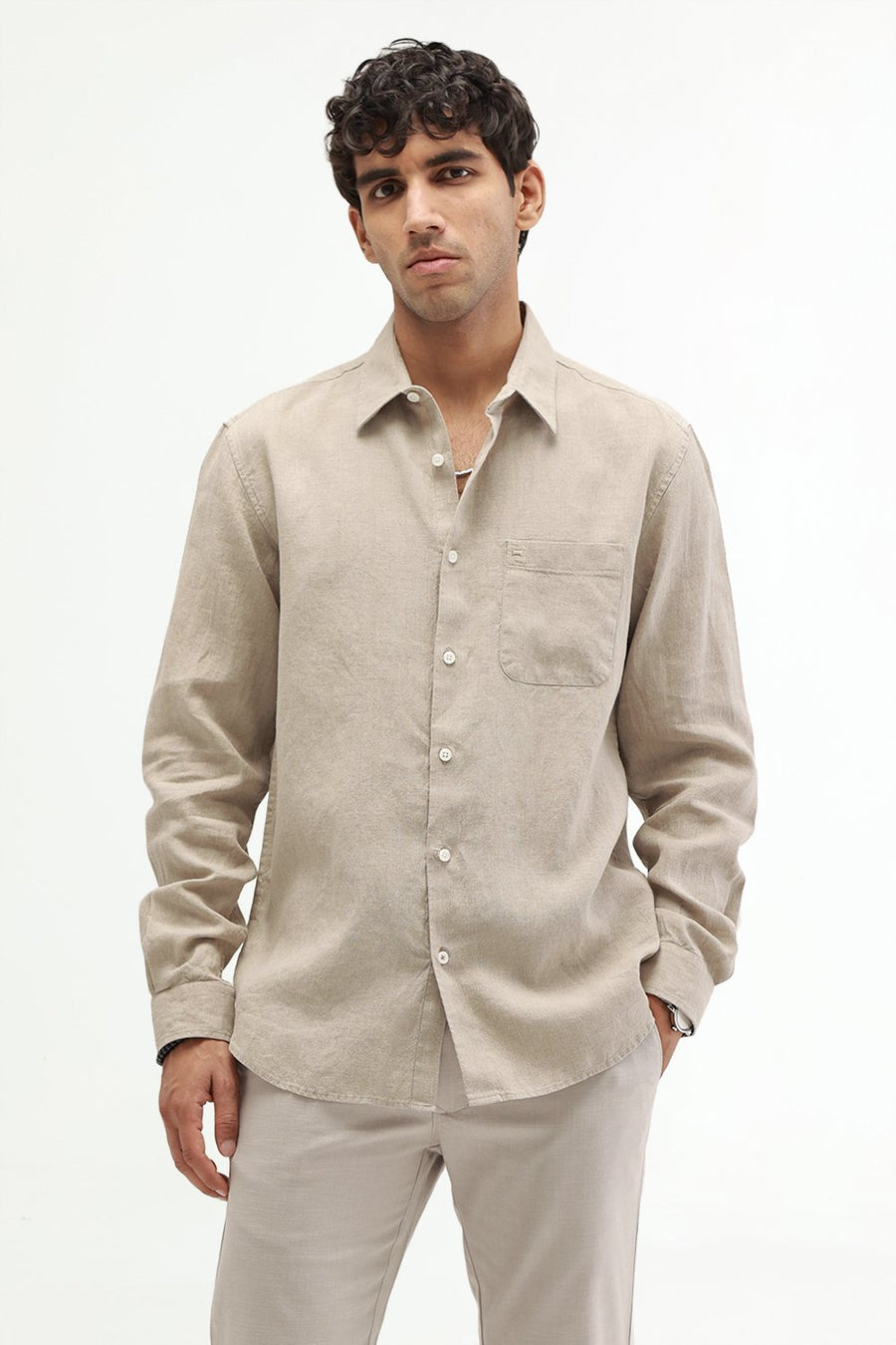 BASICS SLIM FIT NATURAL SAND LINEN COTTON SHIRT