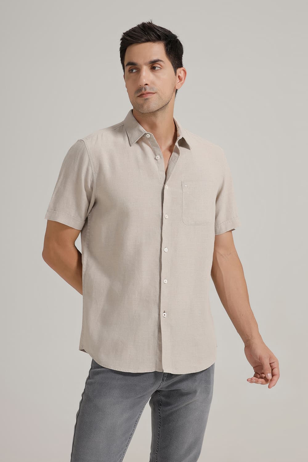 SLIM FIT LINEN COTTON HALFSLEEVES SHIRT