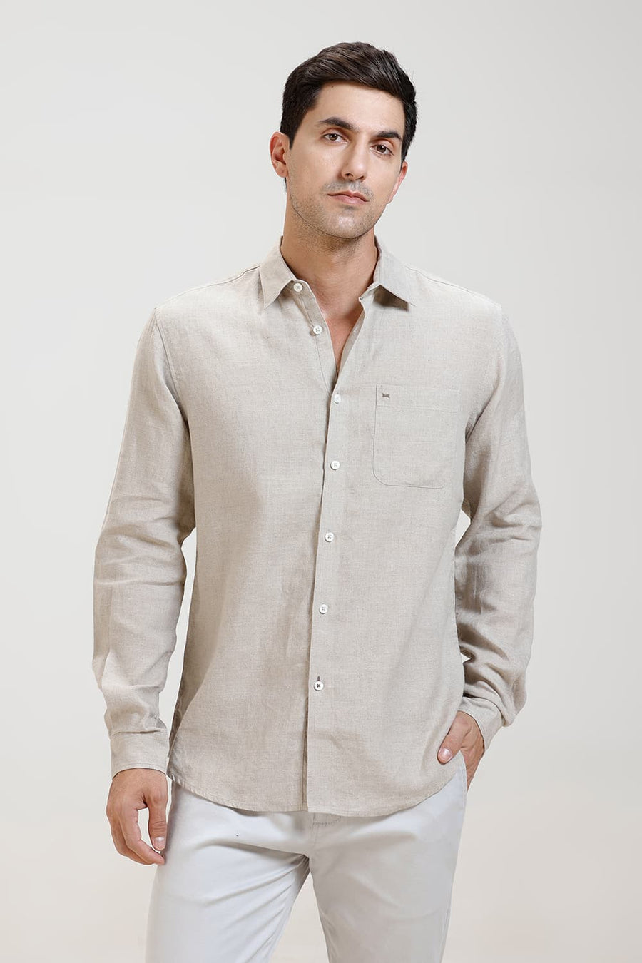 BASICS SLIM FIT NATURAL SAND LINEN COTTON SHIRT