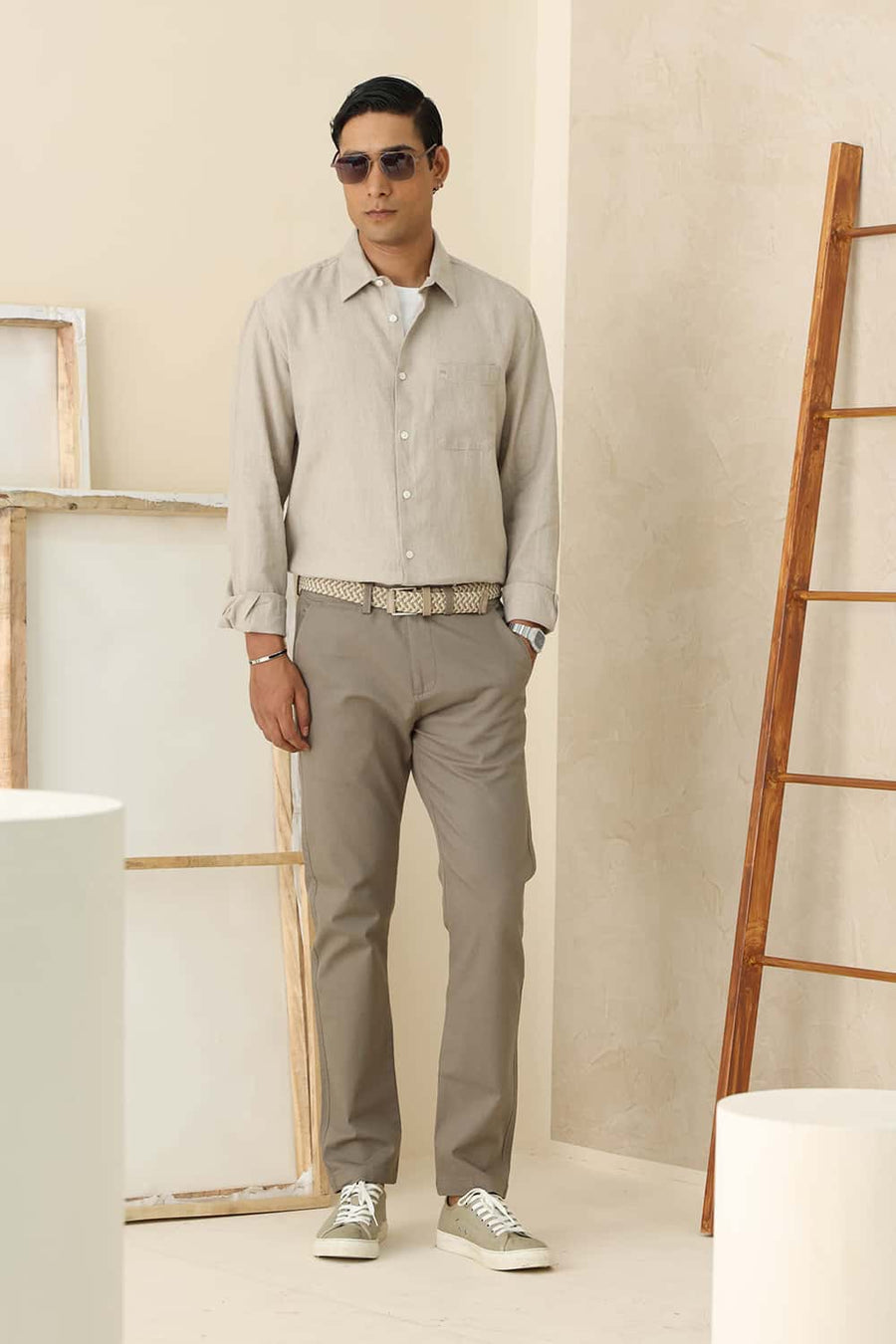 Basics Slim Fit Natural Sand Linen Cotton Shirt