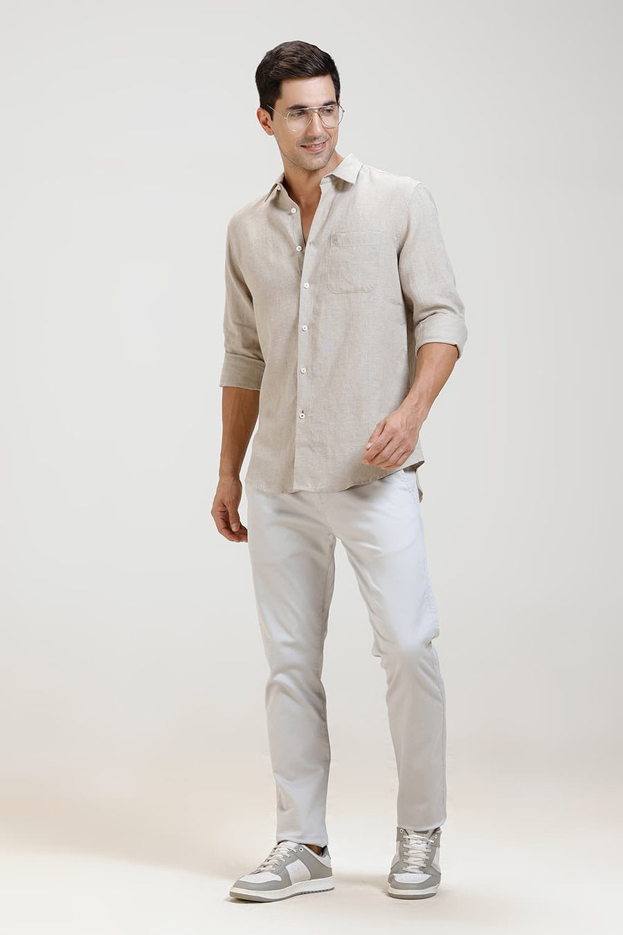 BASICS SLIM FIT NATURAL SAND LINEN COTTON SHIRT