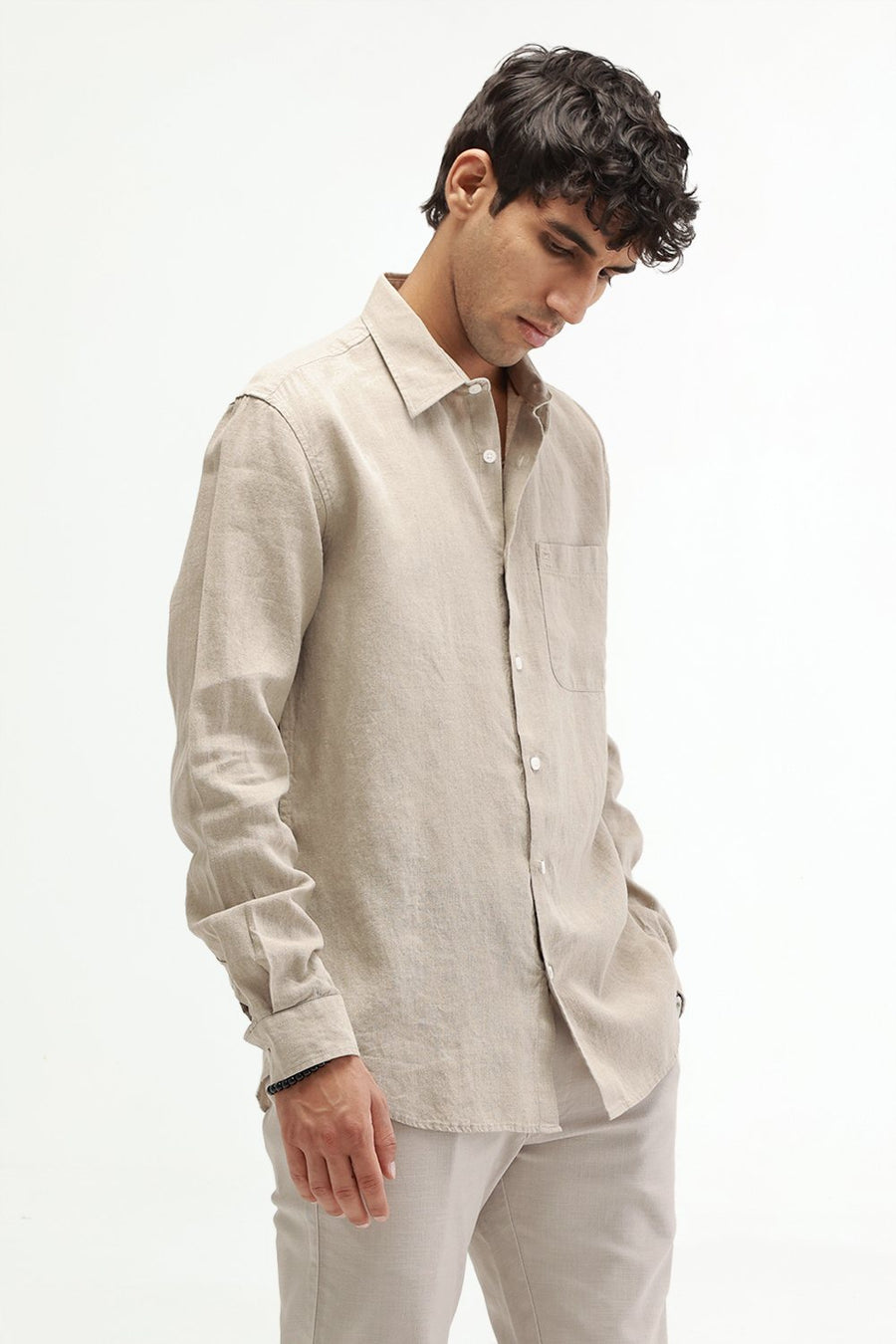 BASICS SLIM FIT NATURAL SAND LINEN COTTON SHIRT