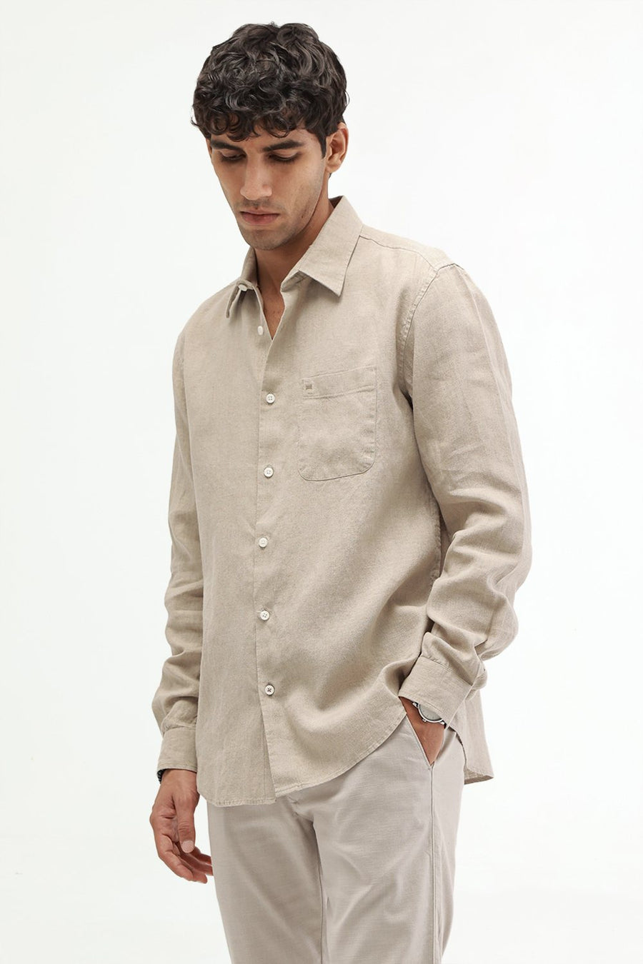 BASICS SLIM FIT NATURAL SAND LINEN COTTON SHIRT