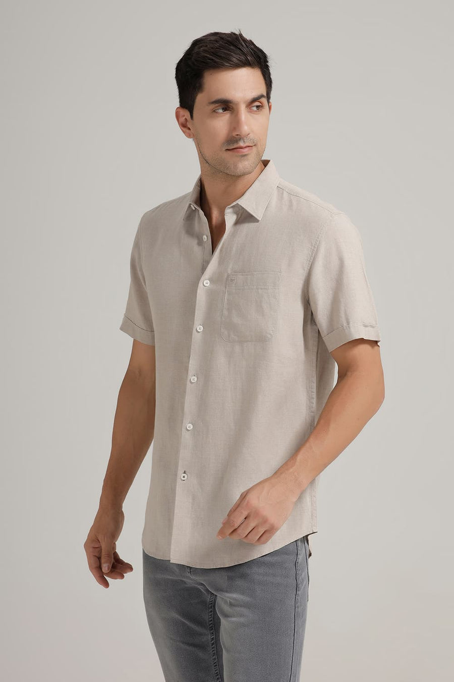 BASICS SLIM FIT NATURAL SAND LINEN COTTON HALFSLEEVES SHIRT
