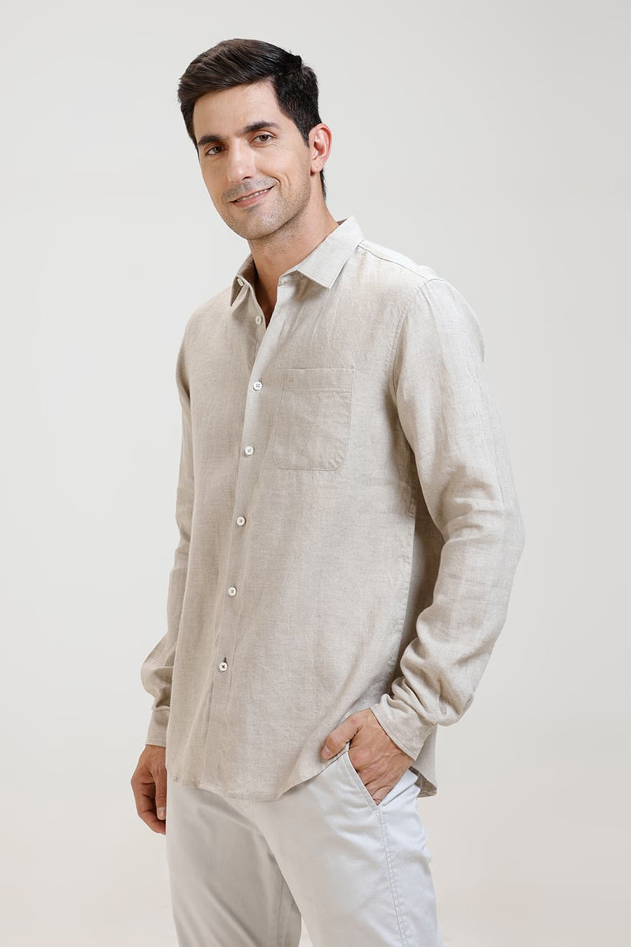 BASICS SLIM FIT NATURAL SAND LINEN COTTON SHIRT