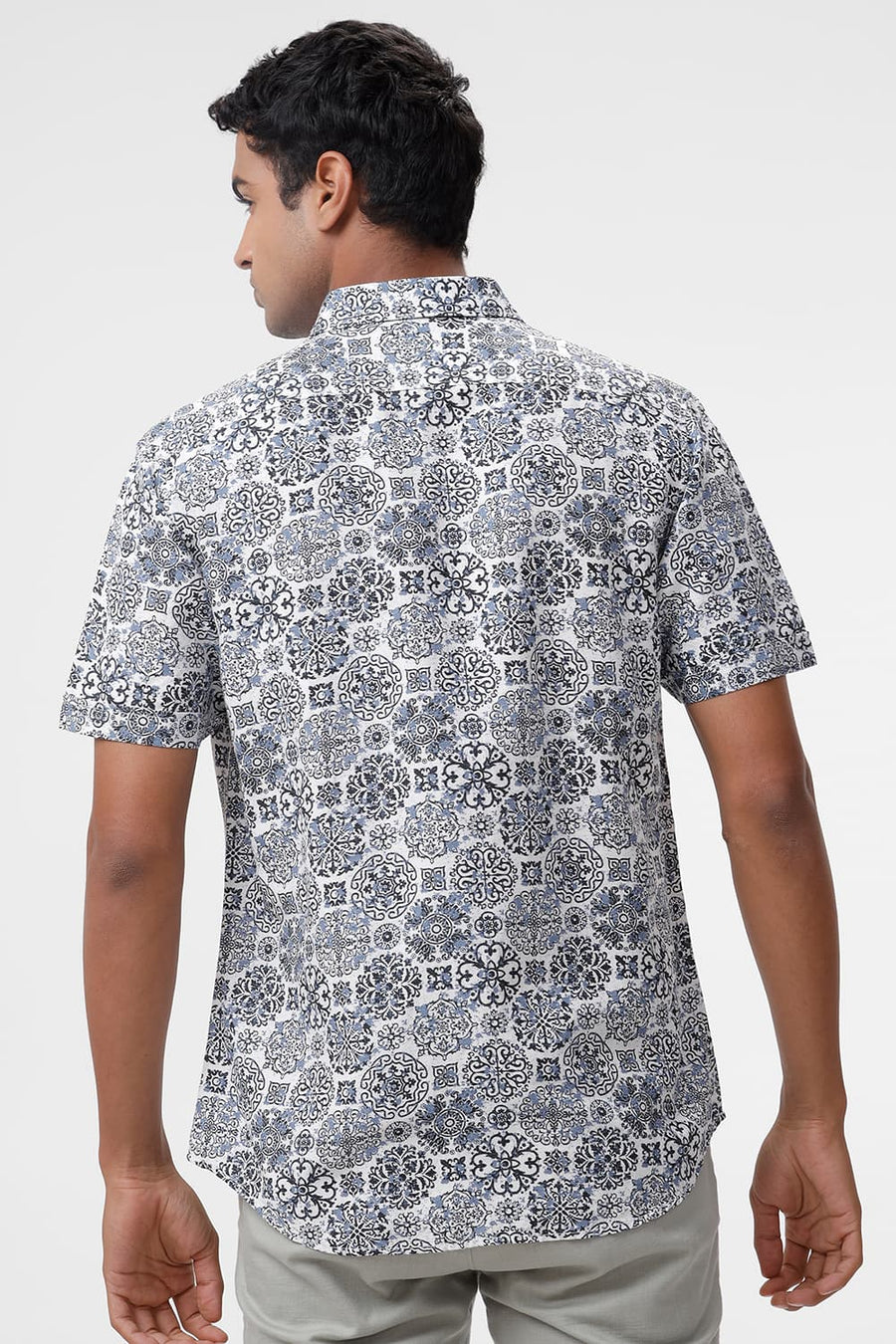 BASICS SLIM FIT NAVY SAPPHIRE VISCOSE LINEN PRINTED HALFSLEEVES SHIRT