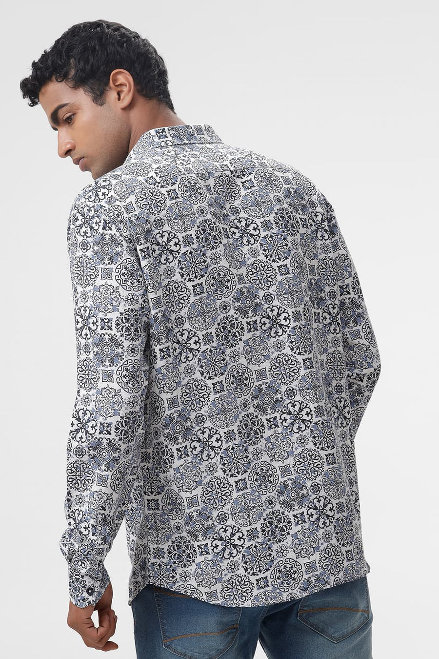 BASICS SLIM FIT NAVY SAPPHIRE VISCOSE LINEN PRINTED SHIRT
