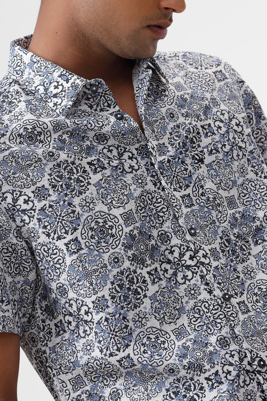 BASICS SLIM FIT NAVY SAPPHIRE VISCOSE LINEN PRINTED HALFSLEEVES SHIRT