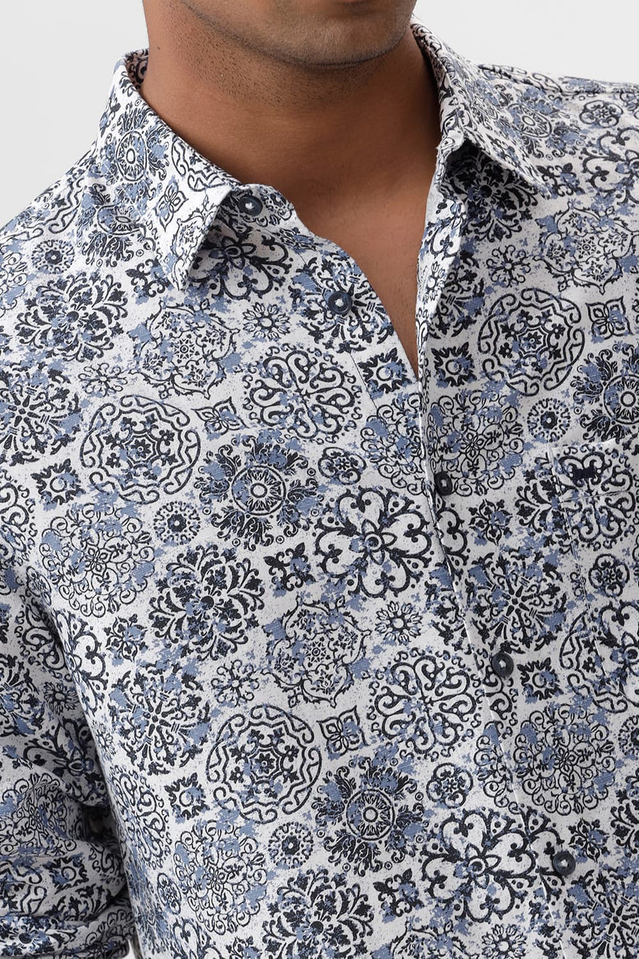BASICS SLIM FIT NAVY SAPPHIRE VISCOSE LINEN PRINTED SHIRT