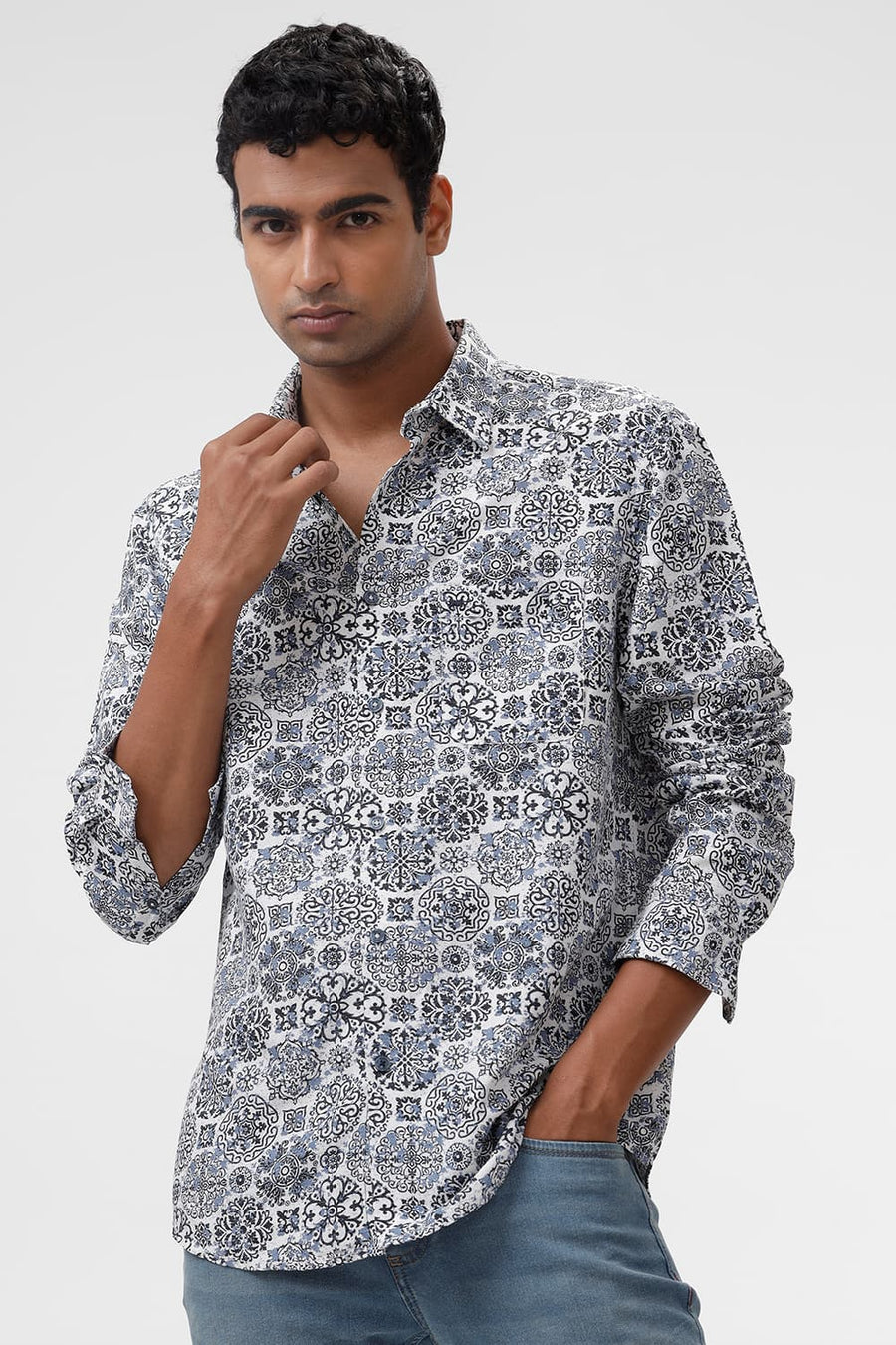 BASICS SLIM FIT NAVY SAPPHIRE VISCOSE LINEN PRINTED SHIRT