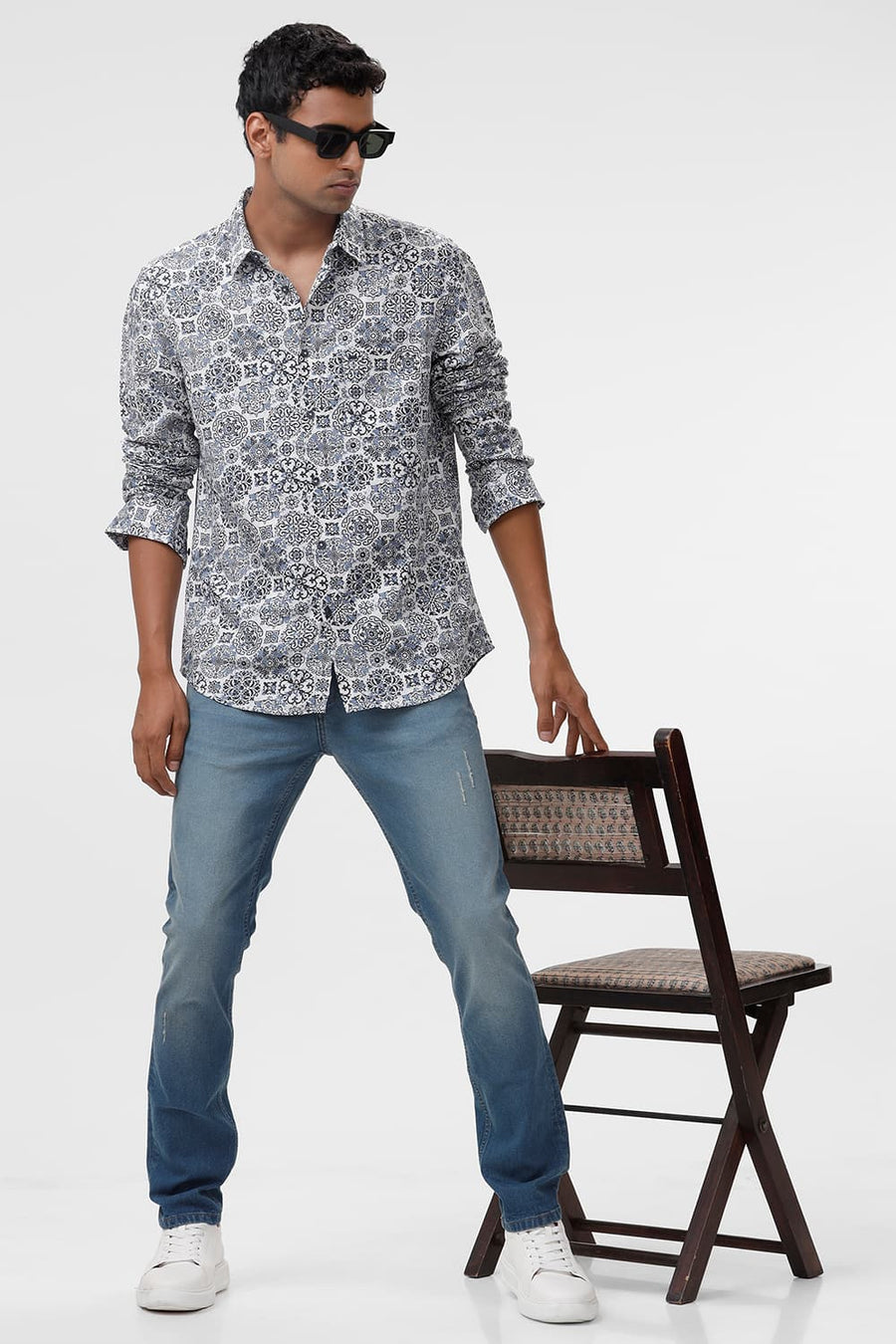BASICS SLIM FIT NAVY SAPPHIRE VISCOSE LINEN PRINTED SHIRT