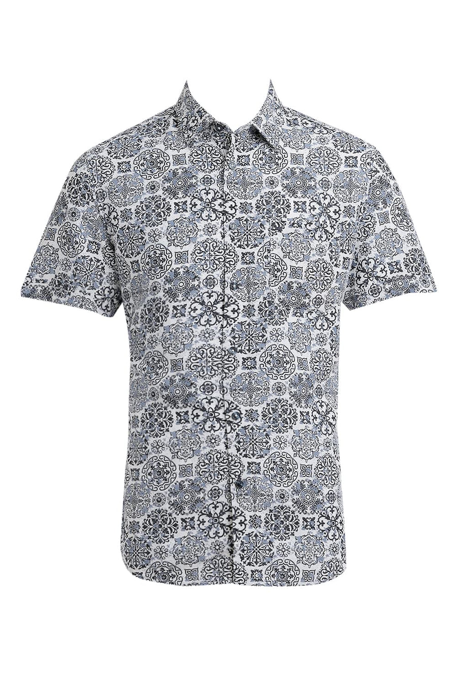 BASICS SLIM FIT NAVY SAPPHIRE VISCOSE LINEN PRINTED HALFSLEEVES SHIRT