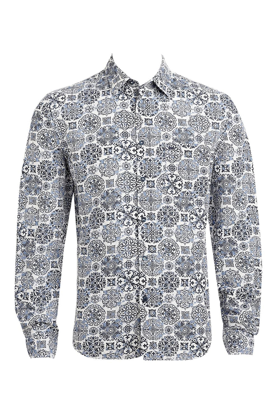 BASICS SLIM FIT NAVY SAPPHIRE VISCOSE LINEN PRINTED SHIRT