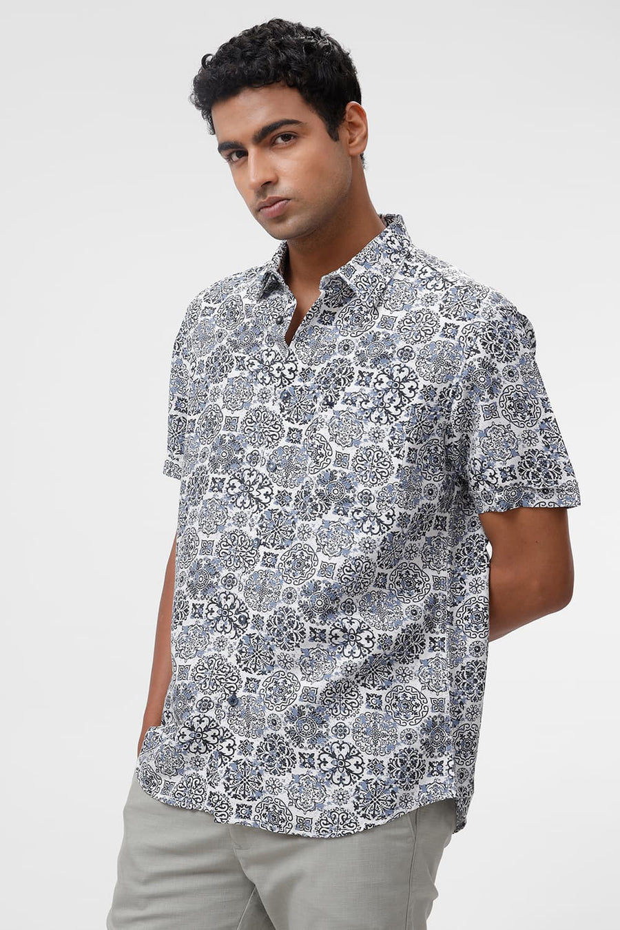 BASICS SLIM FIT NAVY SAPPHIRE VISCOSE LINEN PRINTED HALFSLEEVES SHIRT