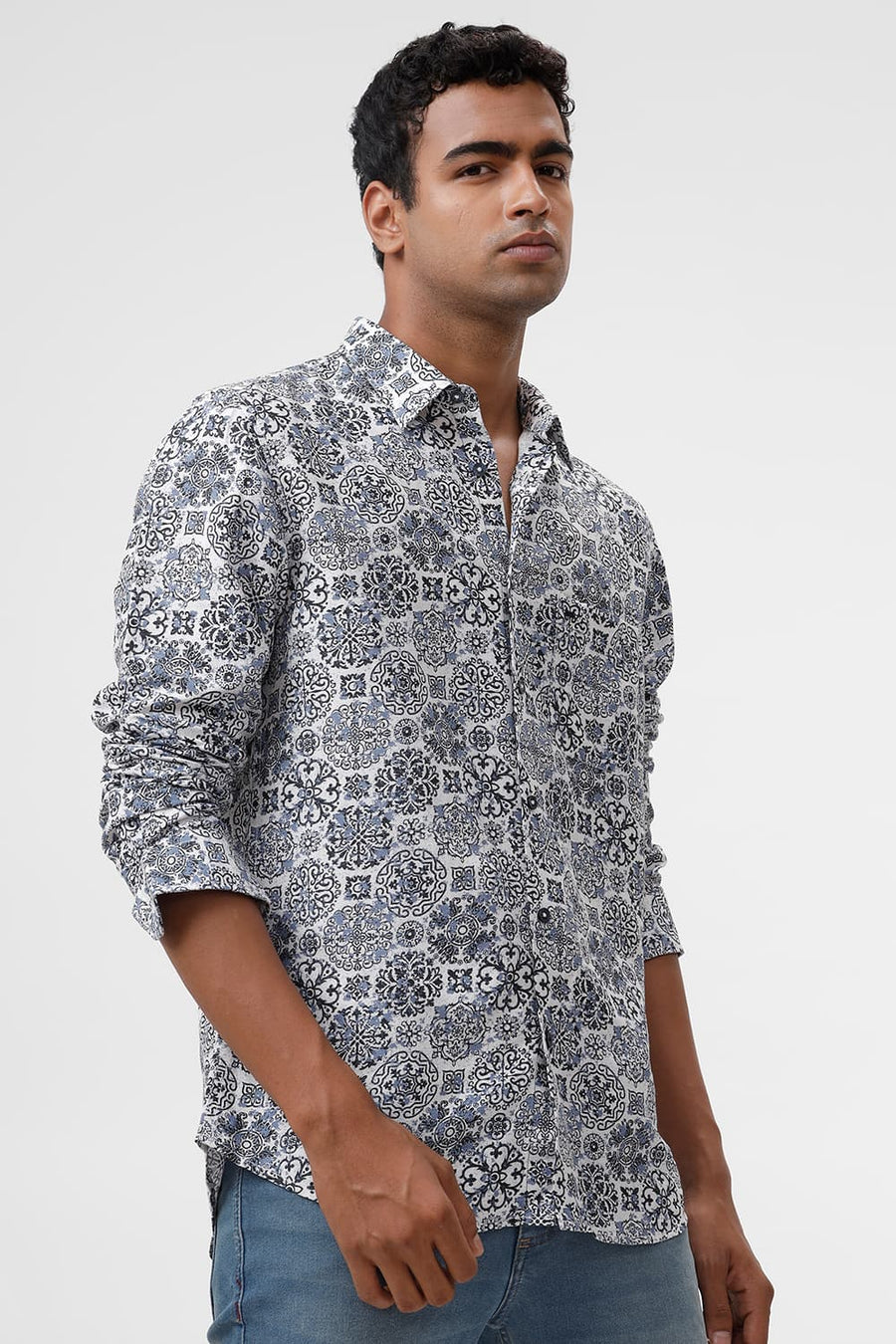BASICS SLIM FIT NAVY SAPPHIRE VISCOSE LINEN PRINTED SHIRT