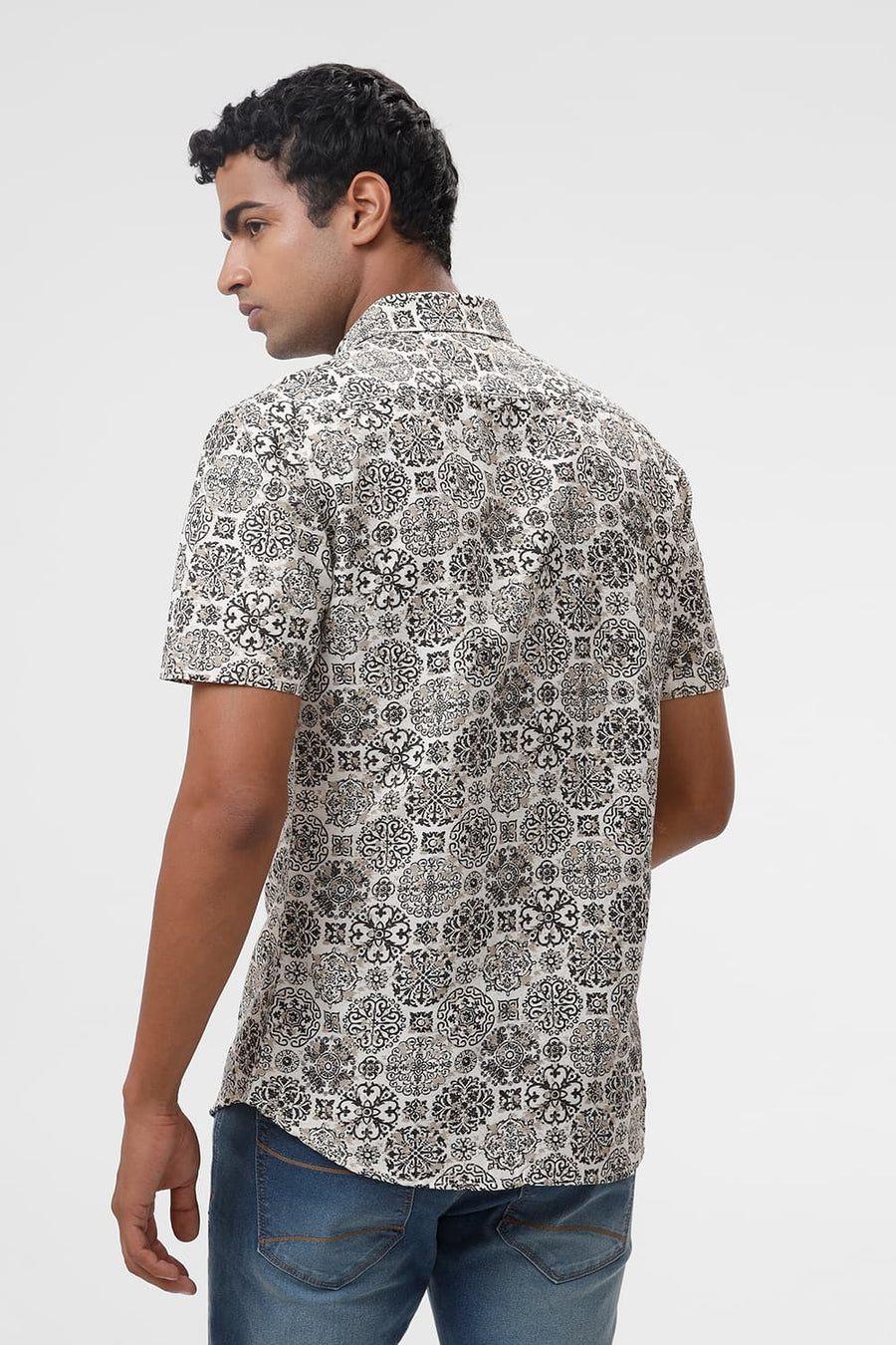 BASICS SLIM FIT CHOCOLATE BROWN VISCOSE LINEN PRINTED HALFSLEEVES SHIRT
