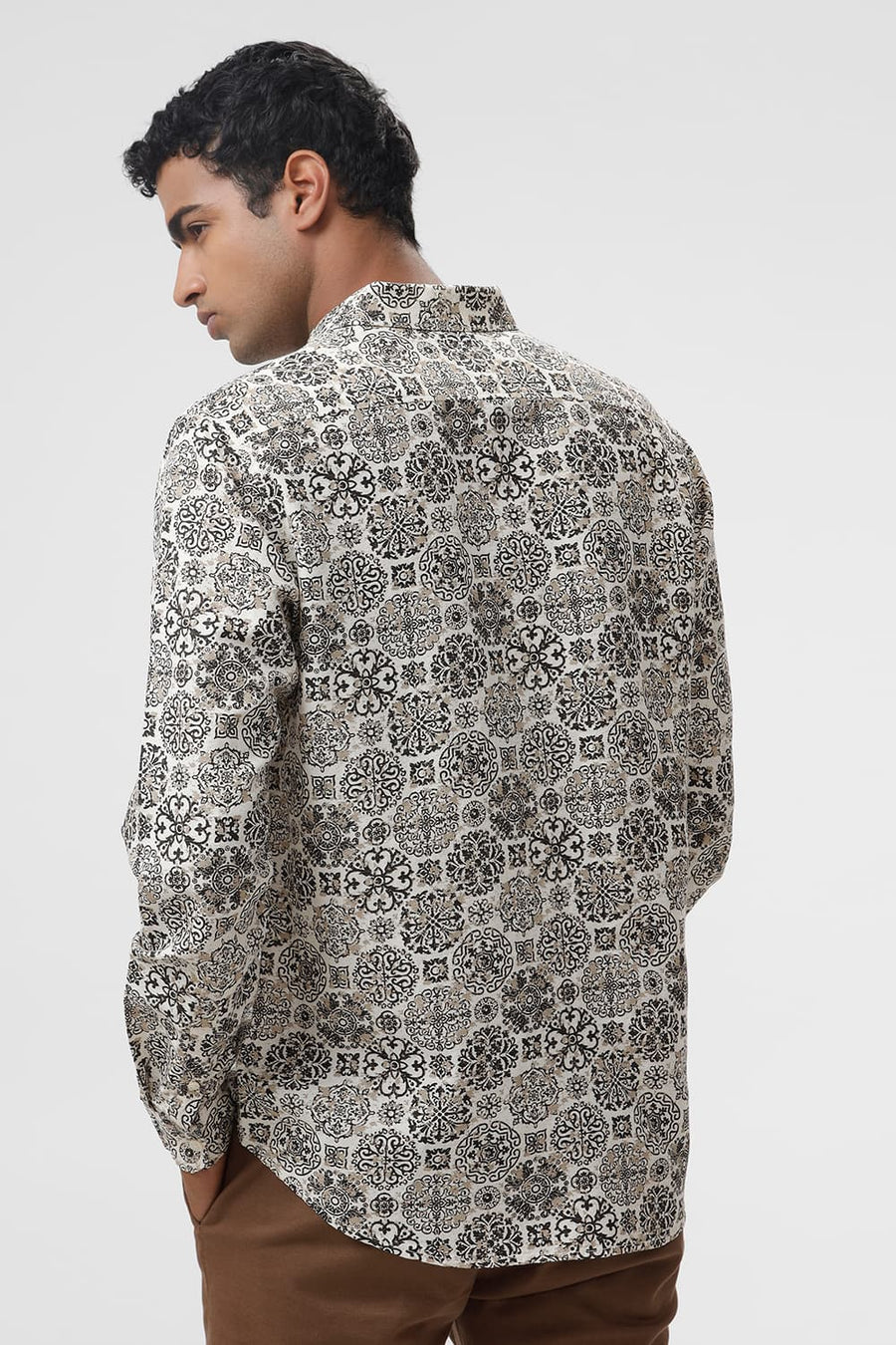 BASICS SLIM FIT CHOCOLATE BROWN VISCOSE LINEN PRINTED SHIRT