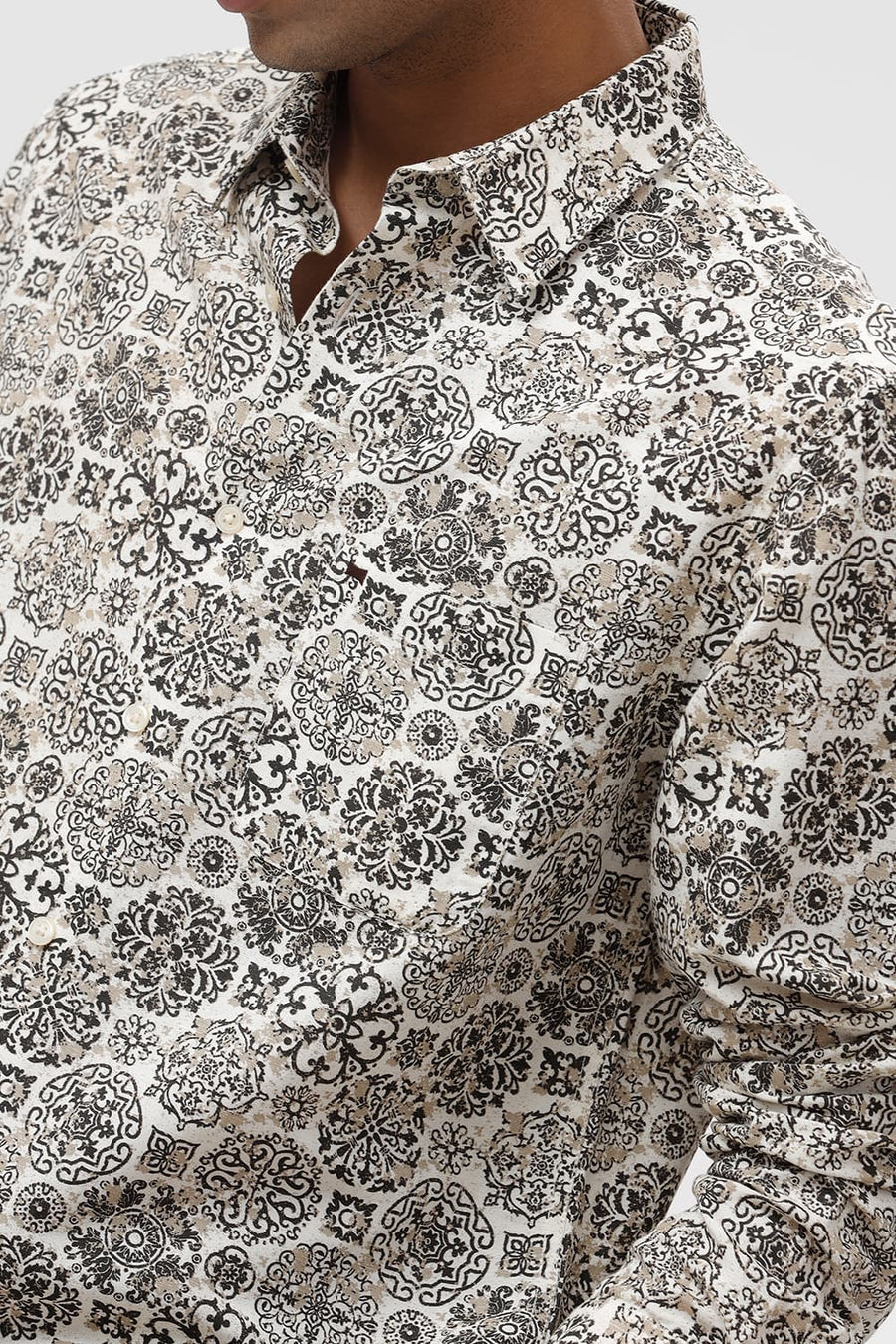 BASICS SLIM FIT CHOCOLATE BROWN VISCOSE LINEN PRINTED SHIRT