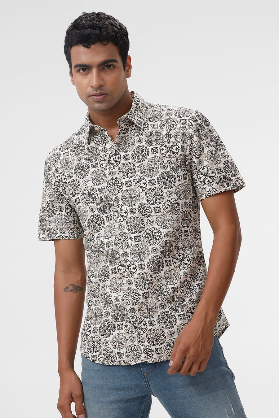 BASICS SLIM FIT CHOCOLATE BROWN VISCOSE LINEN PRINTED HALFSLEEVES SHIRT