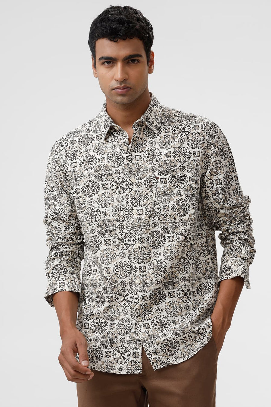 BASICS SLIM FIT CHOCOLATE BROWN VISCOSE LINEN PRINTED SHIRT
