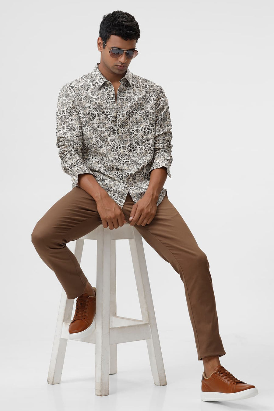 BASICS SLIM FIT CHOCOLATE BROWN VISCOSE LINEN PRINTED SHIRT