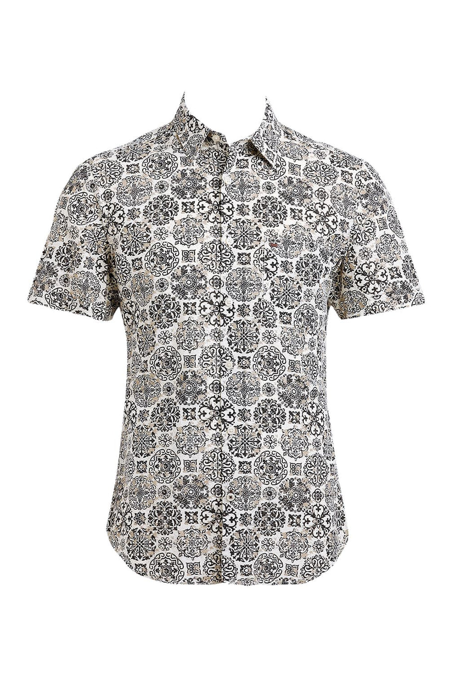 BASICS SLIM FIT CHOCOLATE BROWN VISCOSE LINEN PRINTED HALFSLEEVES SHIRT