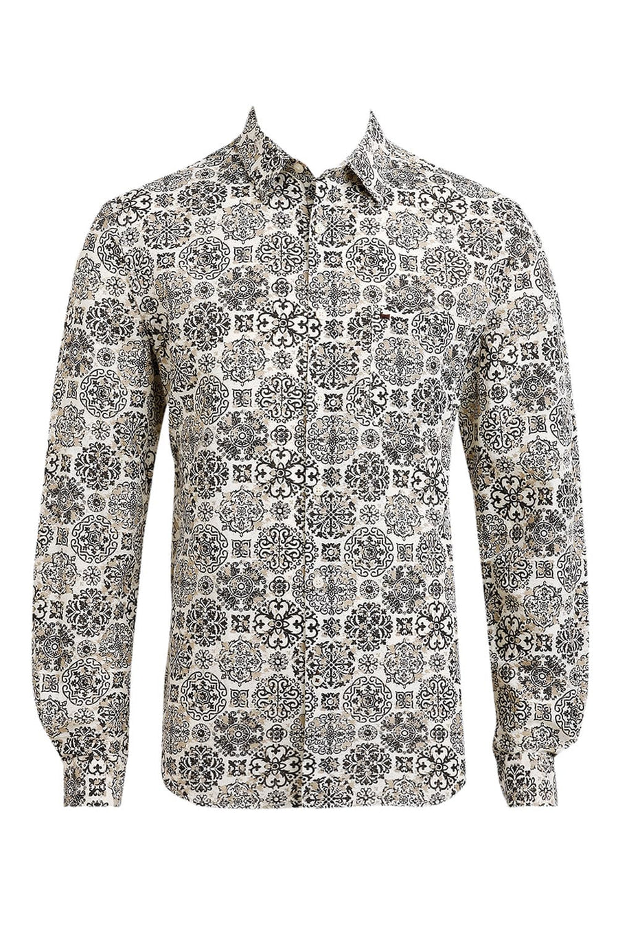 BASICS SLIM FIT CHOCOLATE BROWN VISCOSE LINEN PRINTED SHIRT