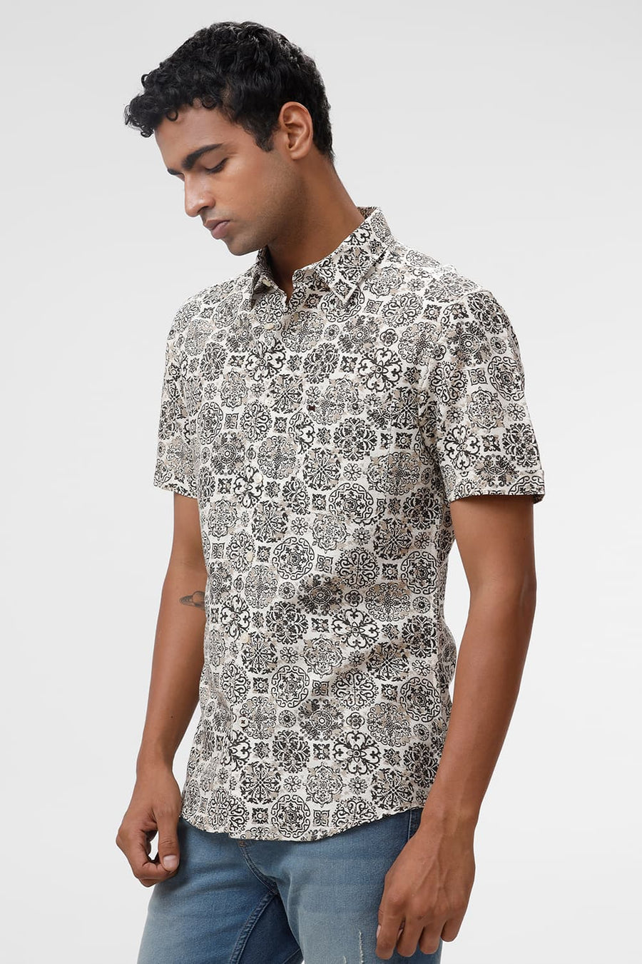 BASICS SLIM FIT CHOCOLATE BROWN VISCOSE LINEN PRINTED HALFSLEEVES SHIRT