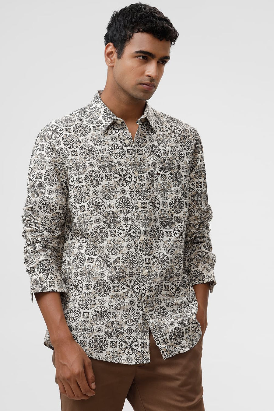 BASICS SLIM FIT CHOCOLATE BROWN VISCOSE LINEN PRINTED SHIRT