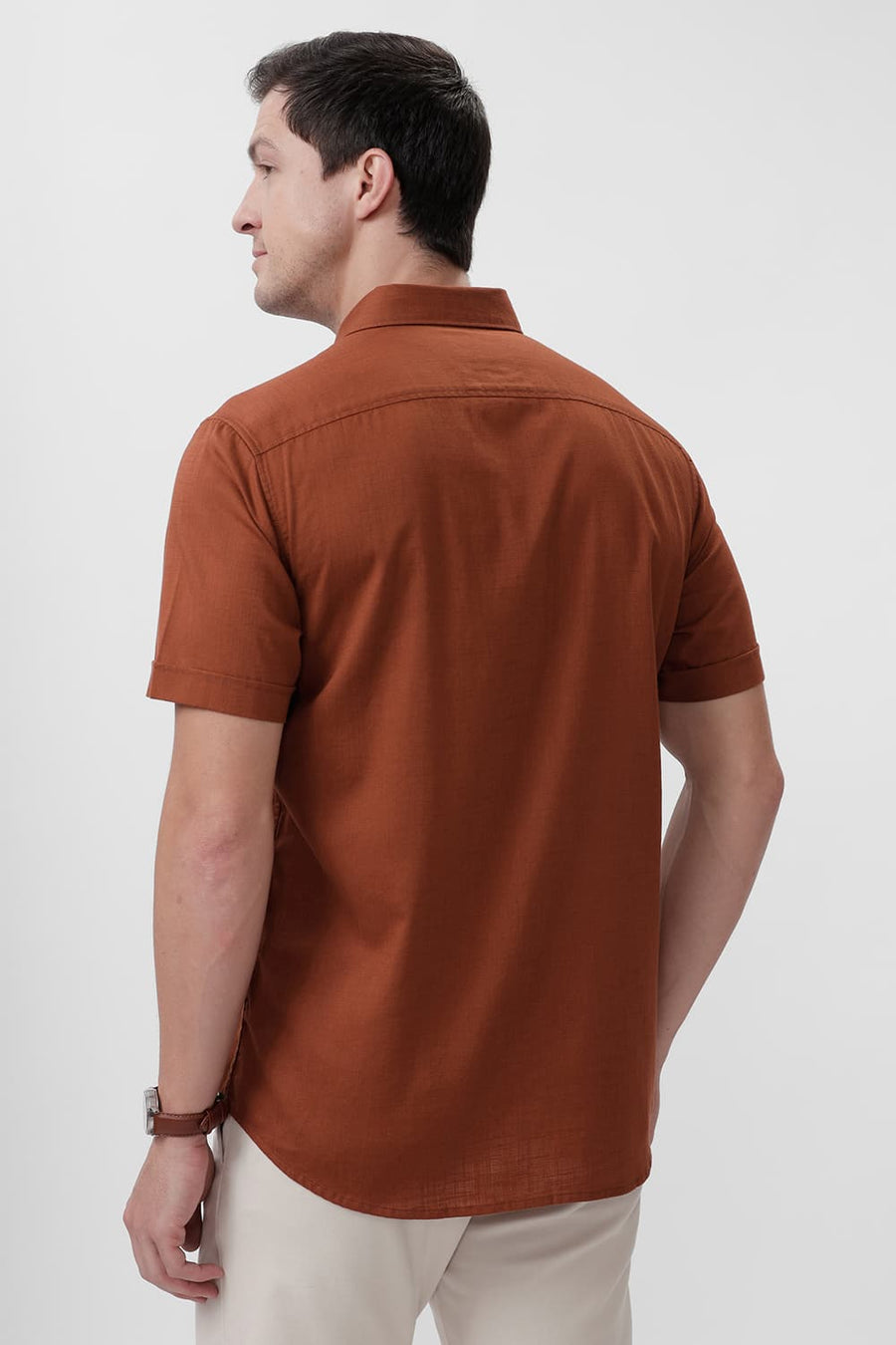 BASICS SLIM FIT COCONUT BROWN COTTON SLUB TWILL HALFSLEEVES SHIRT