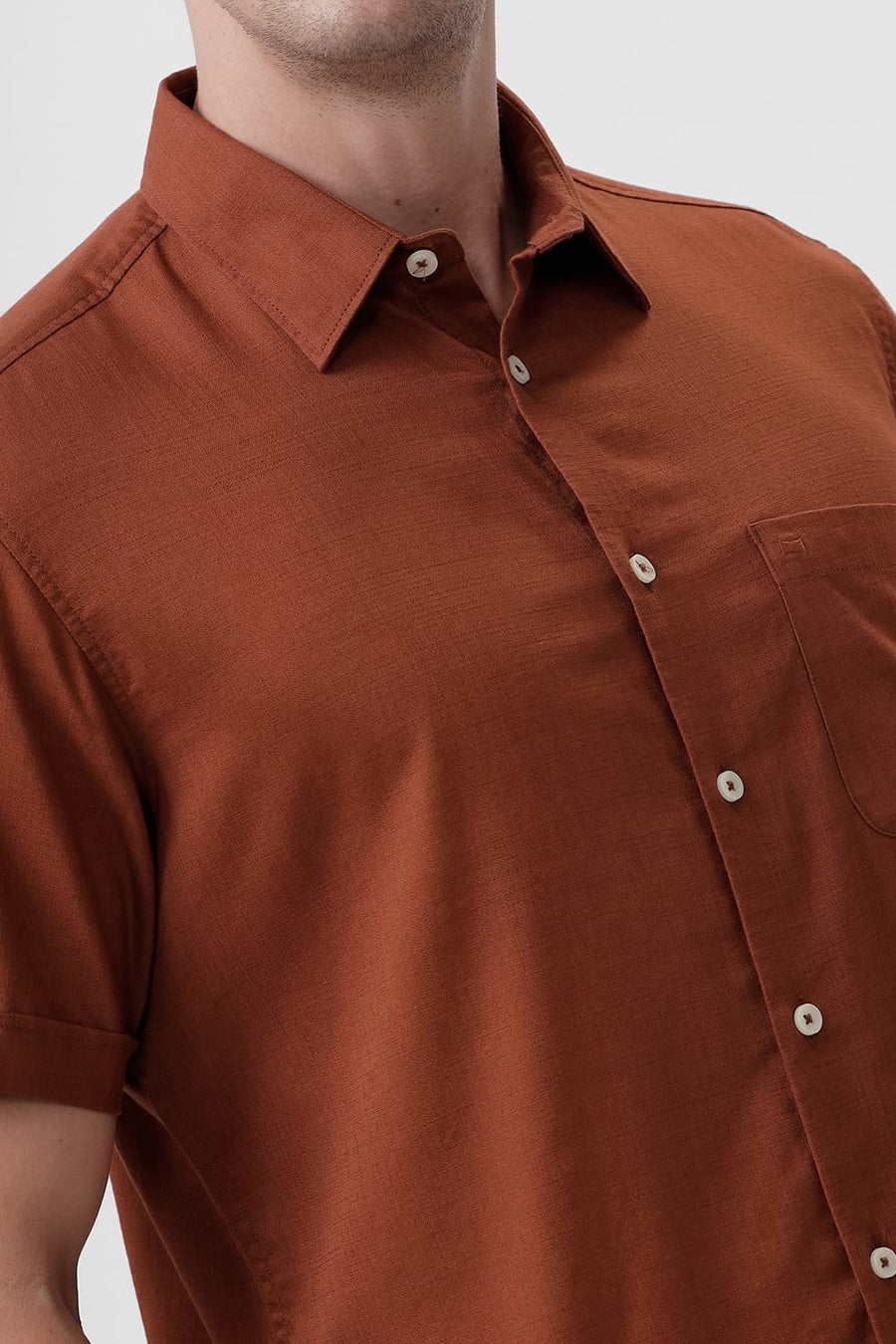 BASICS SLIM FIT COCONUT BROWN COTTON SLUB TWILL HALFSLEEVES SHIRT