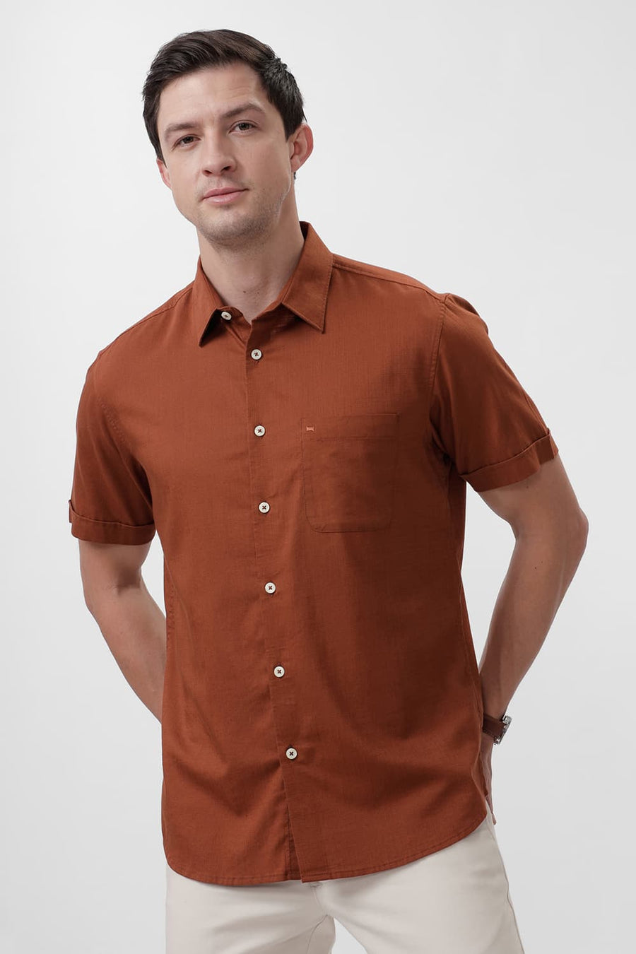 BASICS SLIM FIT COCONUT BROWN COTTON SLUB TWILL HALFSLEEVES SHIRT