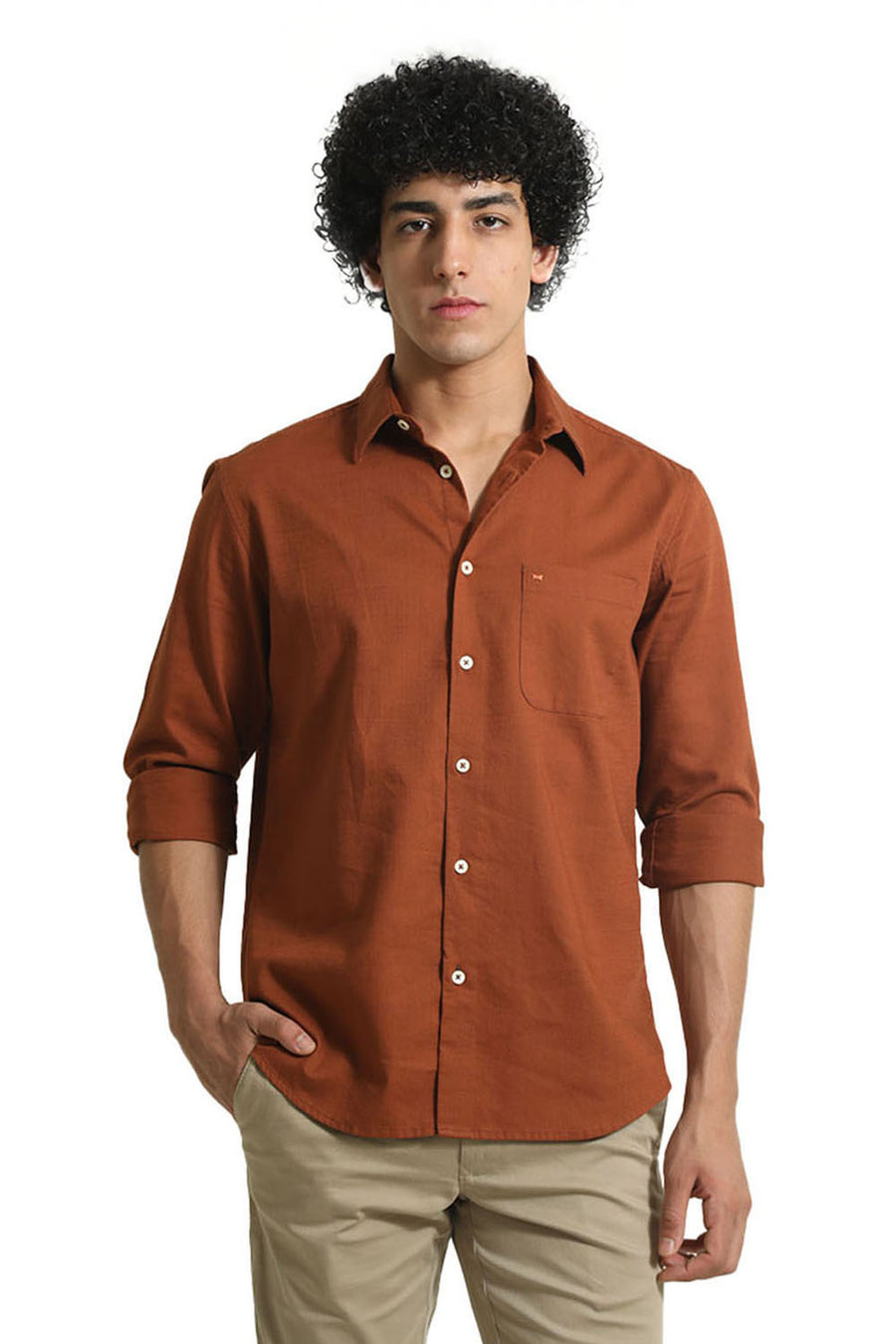 BASICS SLIM FIT COCONUT BROWN COTTON SLUB TWILL SHIRT