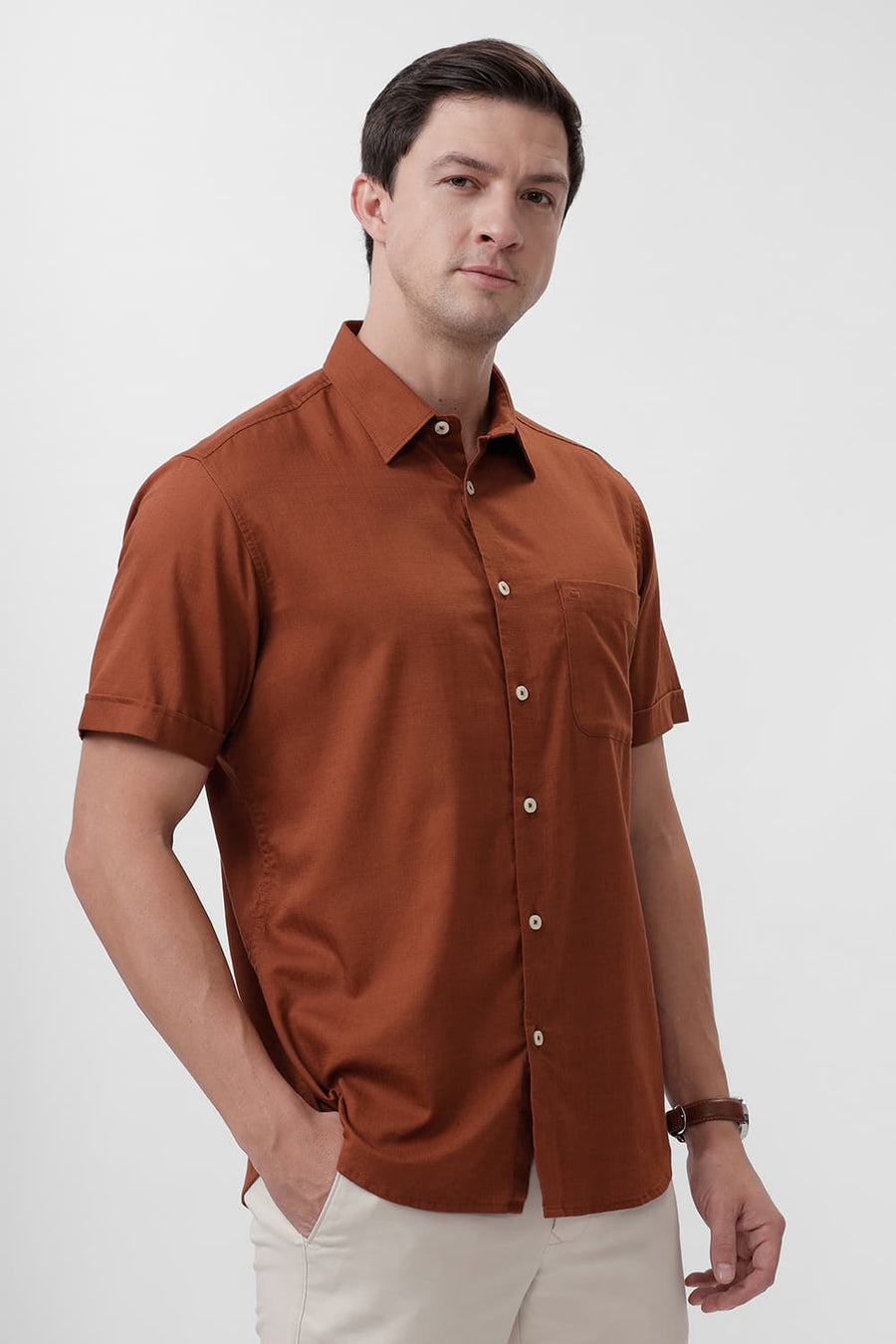 BASICS SLIM FIT COCONUT BROWN COTTON SLUB TWILL HALFSLEEVES SHIRT