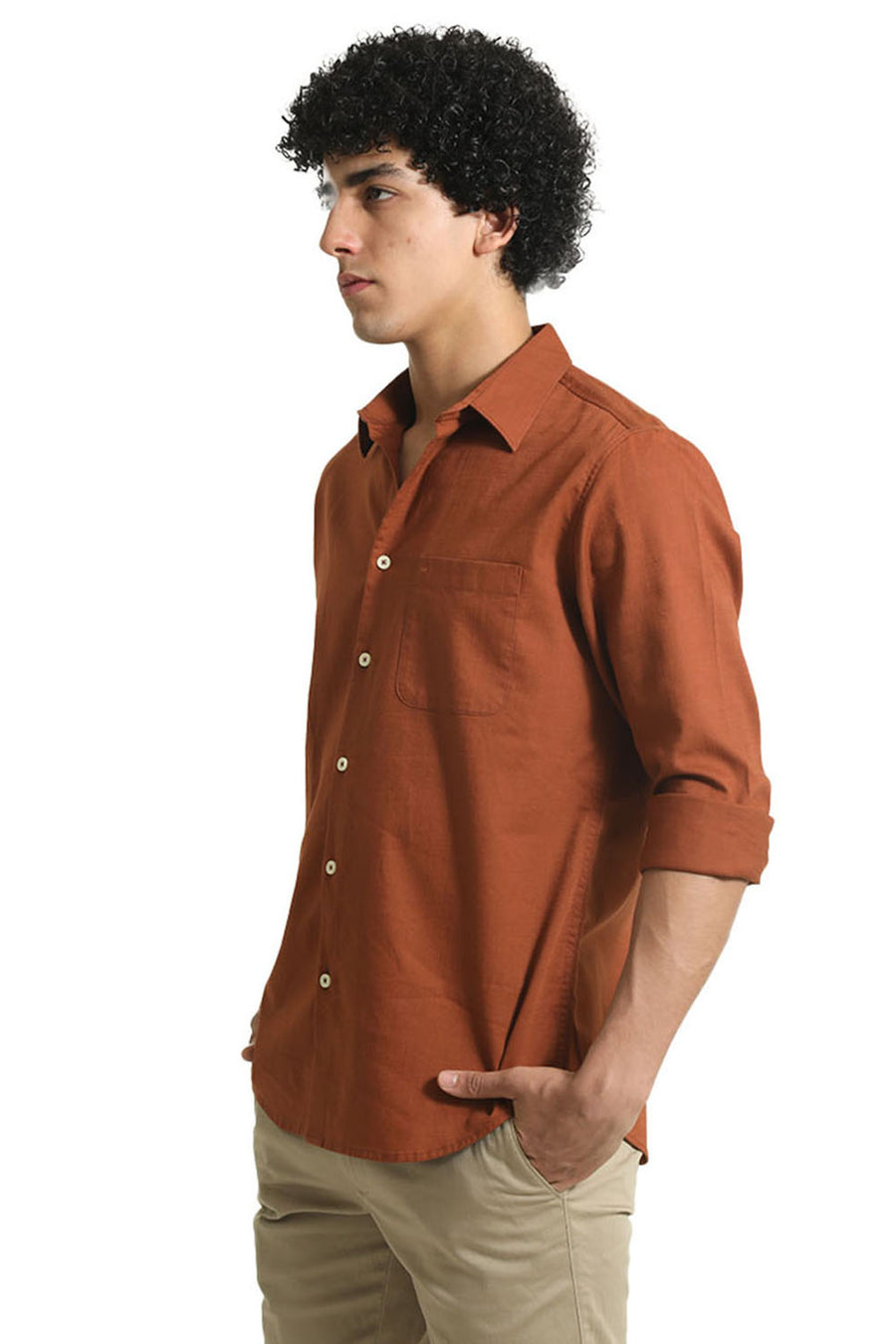 BASICS SLIM FIT COCONUT BROWN COTTON SLUB TWILL SHIRT