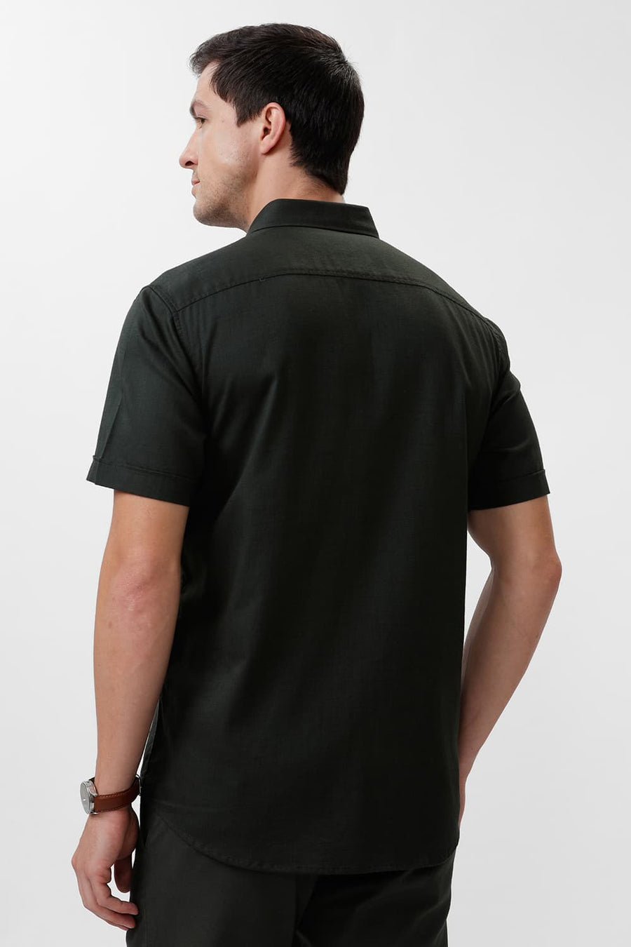 BASICS SLIM FIT MOUNTAIN GREEN COTTON SLUB TWILL HALFSLEEVES SHIRT
