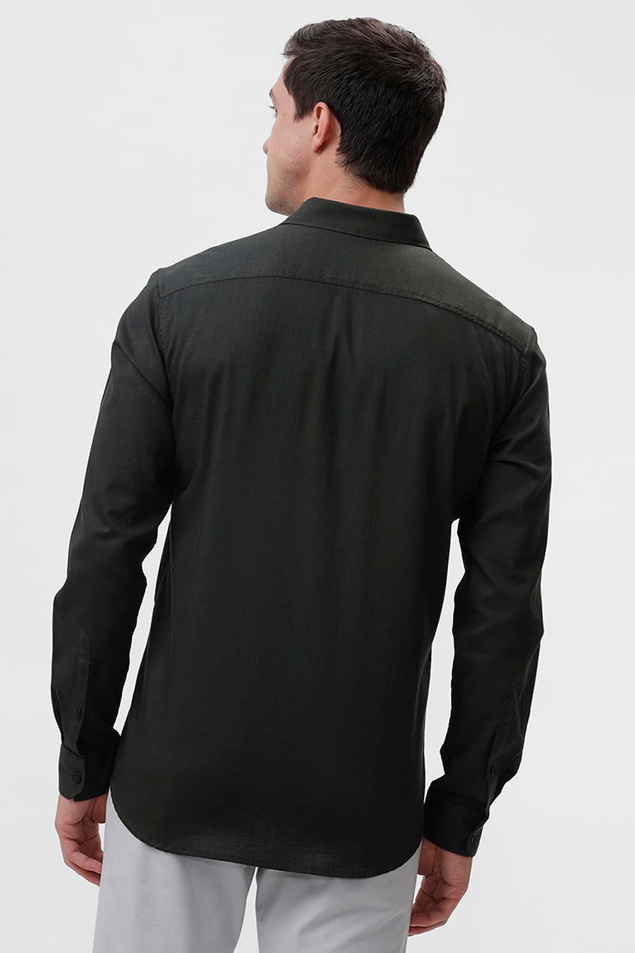 BASICS SLIM FIT MOUNTAIN GREEN COTTON SLUB TWILL SHIRT