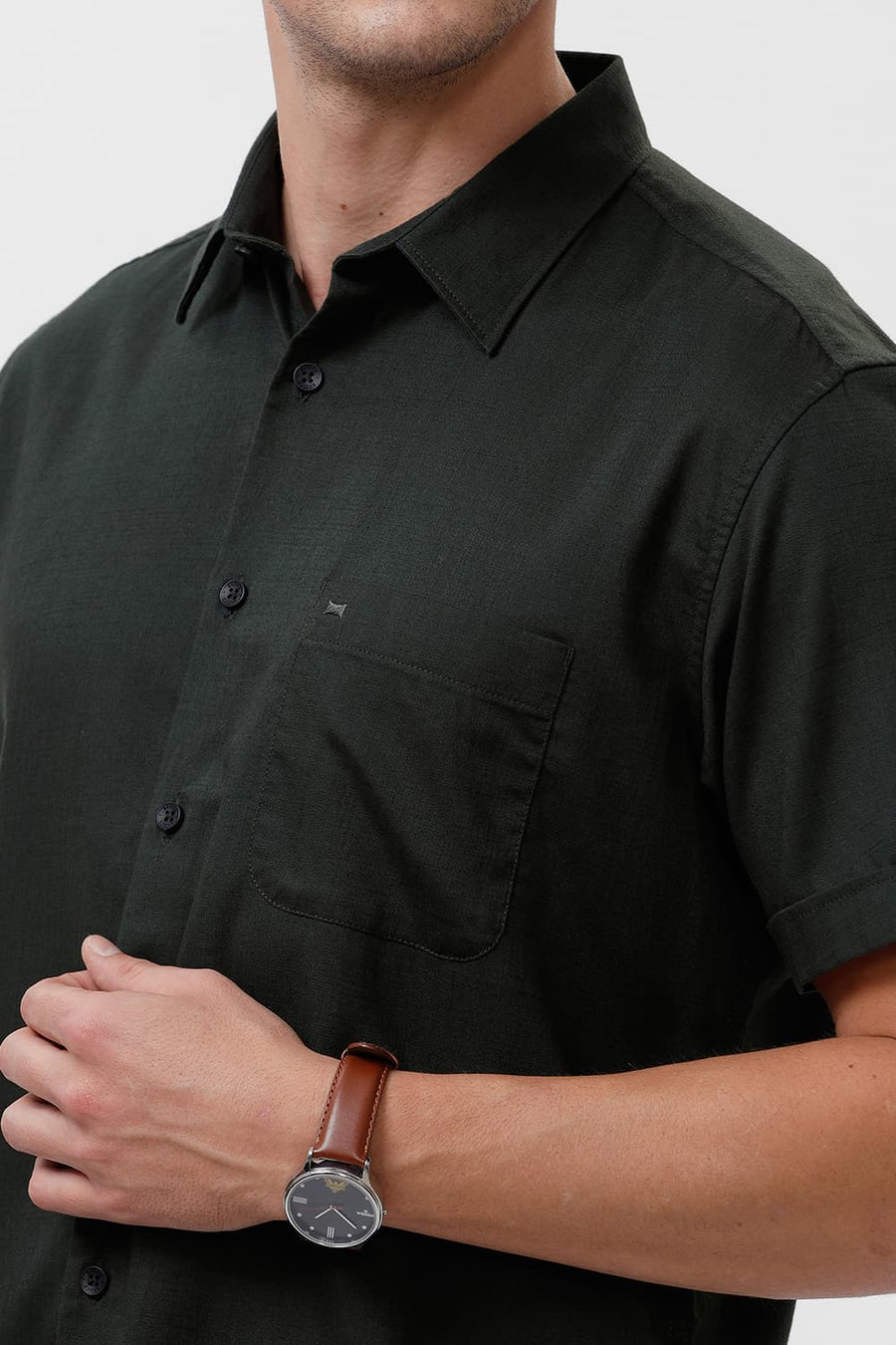 BASICS SLIM FIT MOUNTAIN GREEN COTTON SLUB TWILL HALFSLEEVES SHIRT