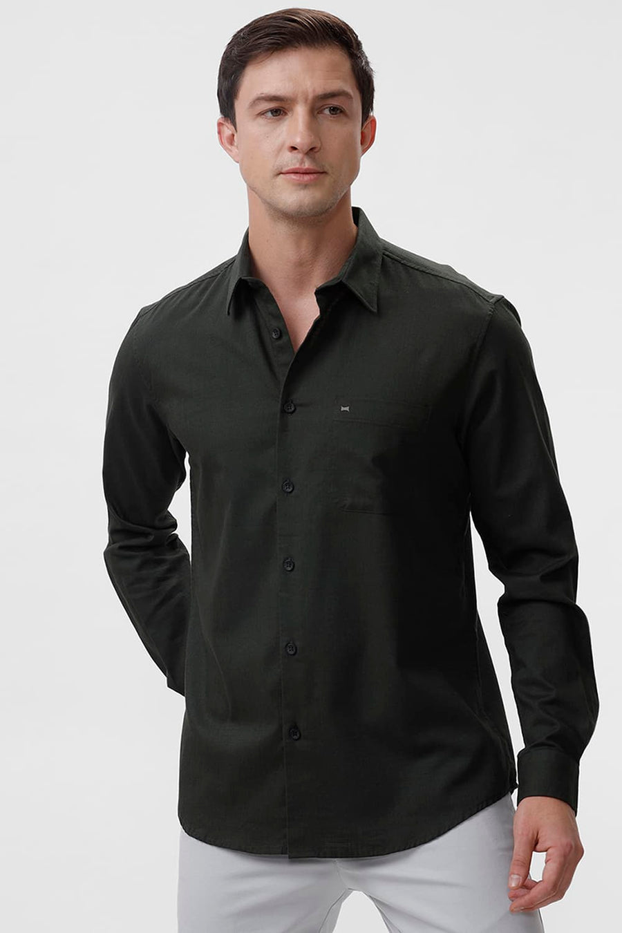 BASICS SLIM FIT MOUNTAIN GREEN COTTON SLUB TWILL SHIRT