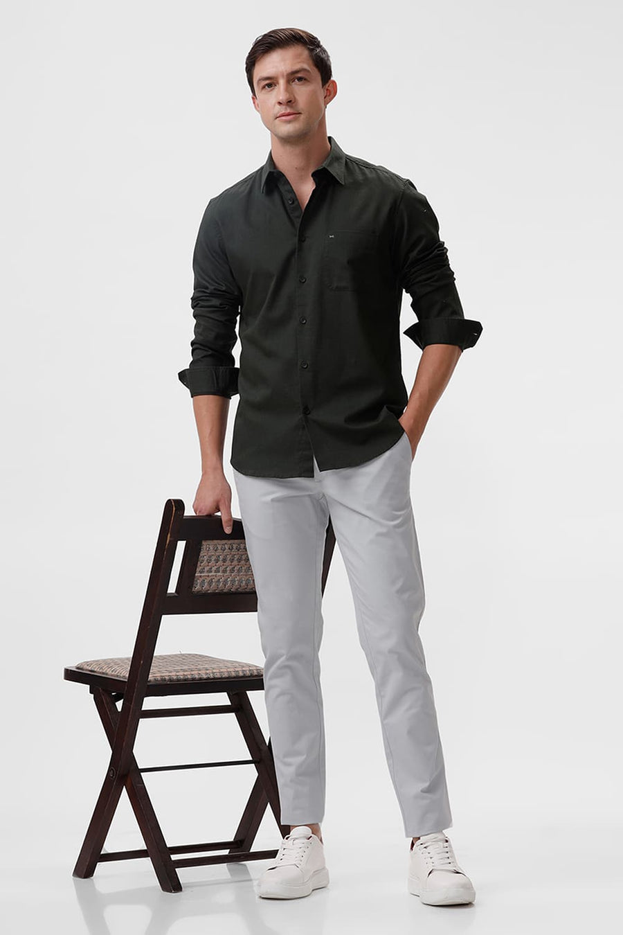 BASICS SLIM FIT MOUNTAIN GREEN COTTON SLUB TWILL SHIRT