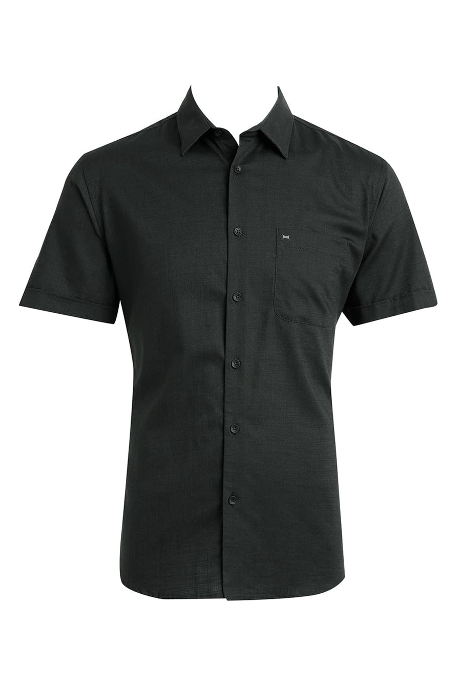 BASICS SLIM FIT MOUNTAIN GREEN COTTON SLUB TWILL HALFSLEEVES SHIRT