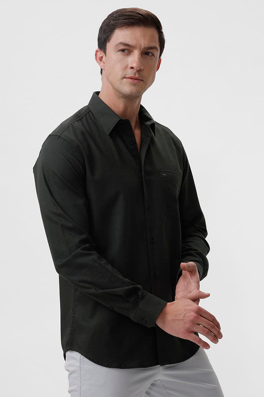 BASICS SLIM FIT MOUNTAIN GREEN COTTON SLUB TWILL SHIRT