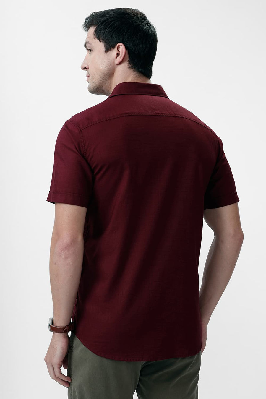BASICS SLIM FIT PORT MAROON COTTON SLUB TWILL HALFSLEEVES SHIRT