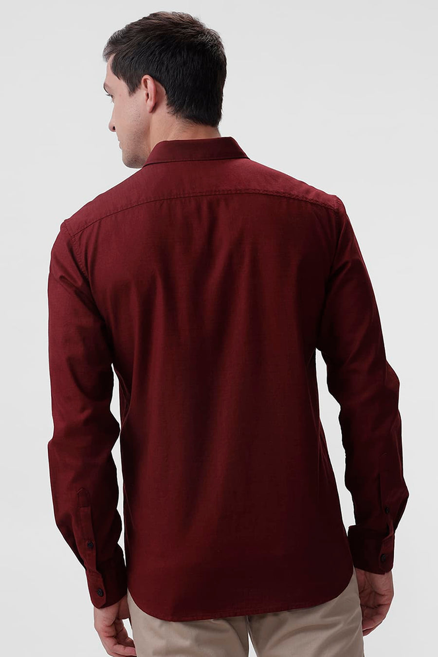 BASICS SLIM FIT PORT MAROON COTTON SLUB TWILL SHIRT