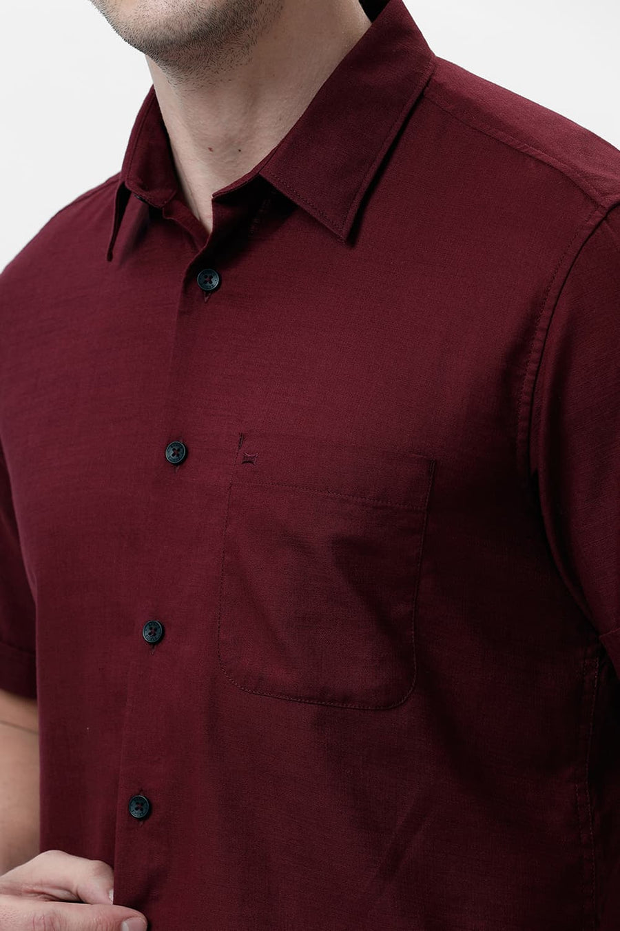 BASICS SLIM FIT PORT MAROON COTTON SLUB TWILL HALFSLEEVES SHIRT