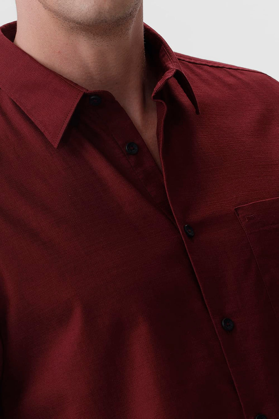 BASICS SLIM FIT PORT MAROON COTTON SLUB TWILL SHIRT