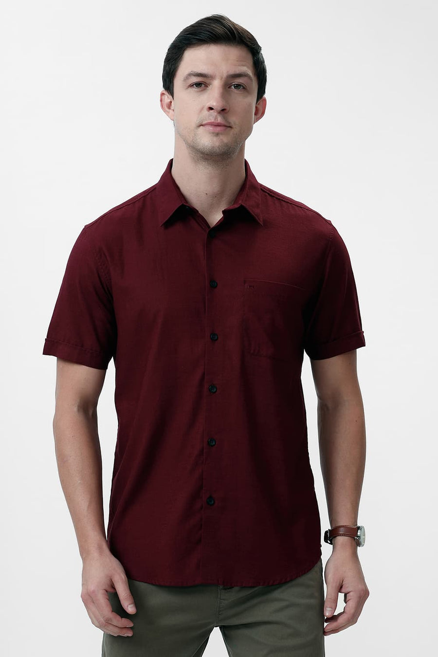 BASICS SLIM FIT PORT MAROON COTTON SLUB TWILL HALFSLEEVES SHIRT